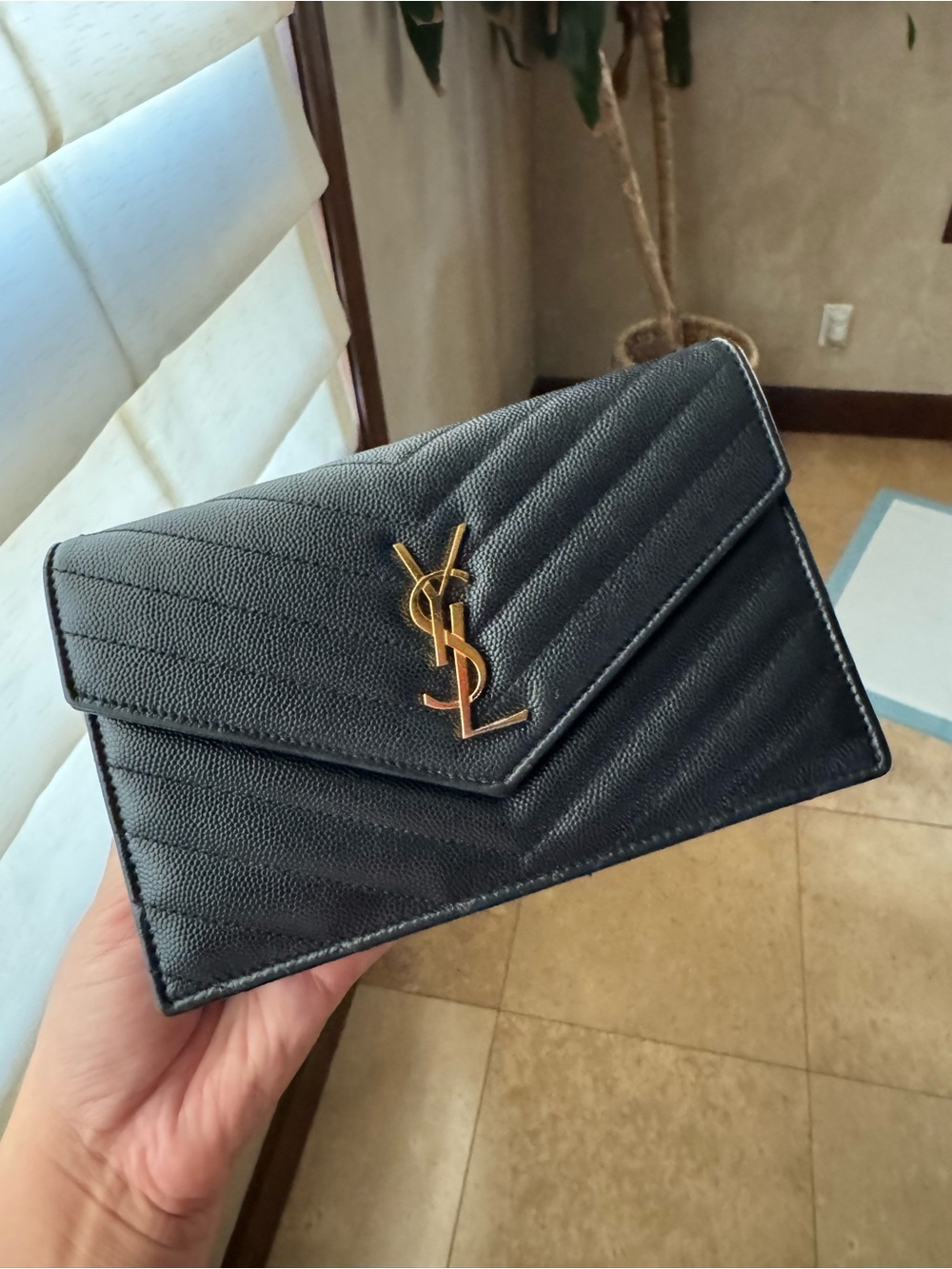 Saint Laurent Black Quilted Envelope Clutch with Gold YSL Logo